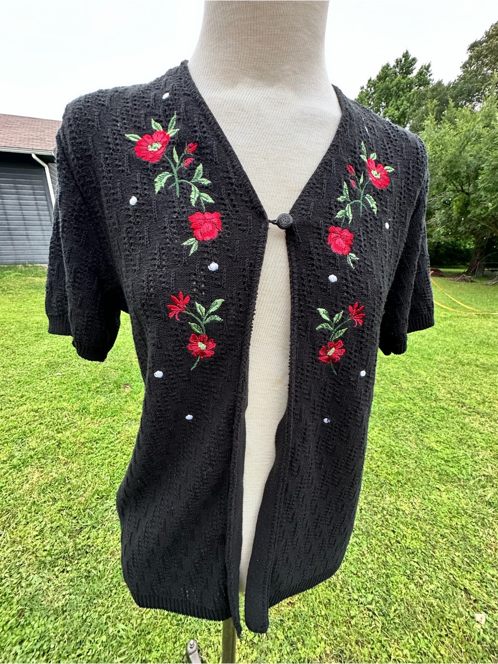 Vintage Southern Lady Floral Embroidered Cardigan-Black Knit Cottagecore Sweater